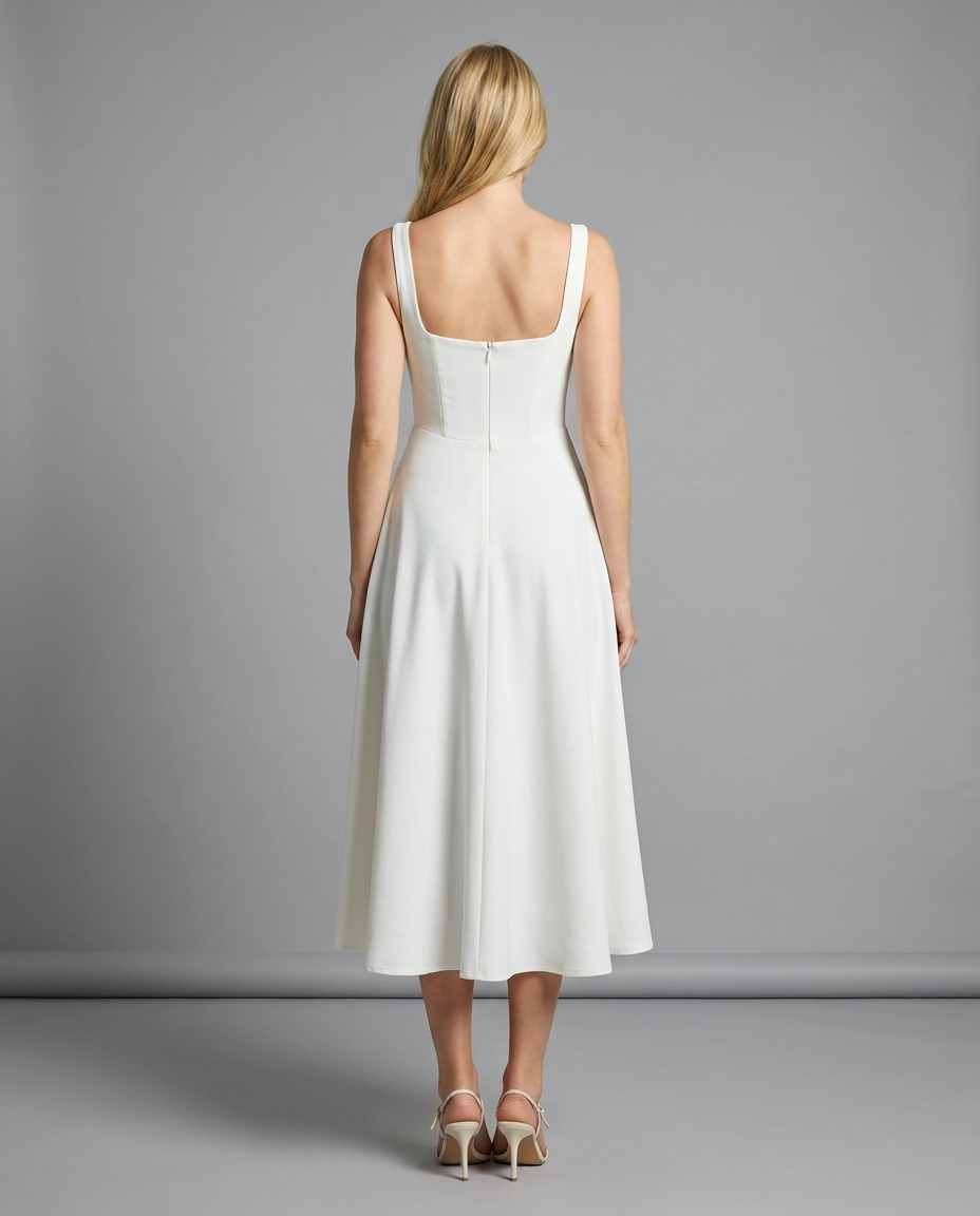 White Square Neck Midi Dress – Fit & Flare