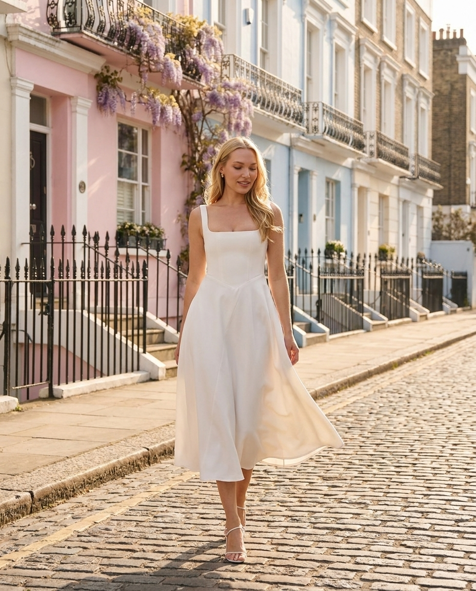 White Square Neck Midi Dress – Fit & Flare