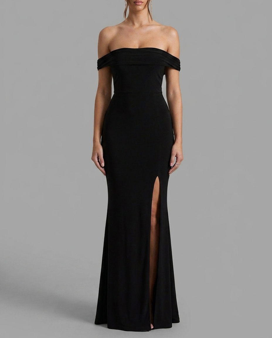 Law of Attraction | Black Bardot Draped Split Maxi Dress