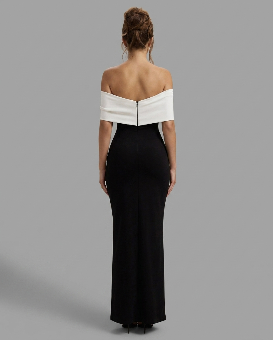 Black & White Off The Shoulder Split Maxi Dress