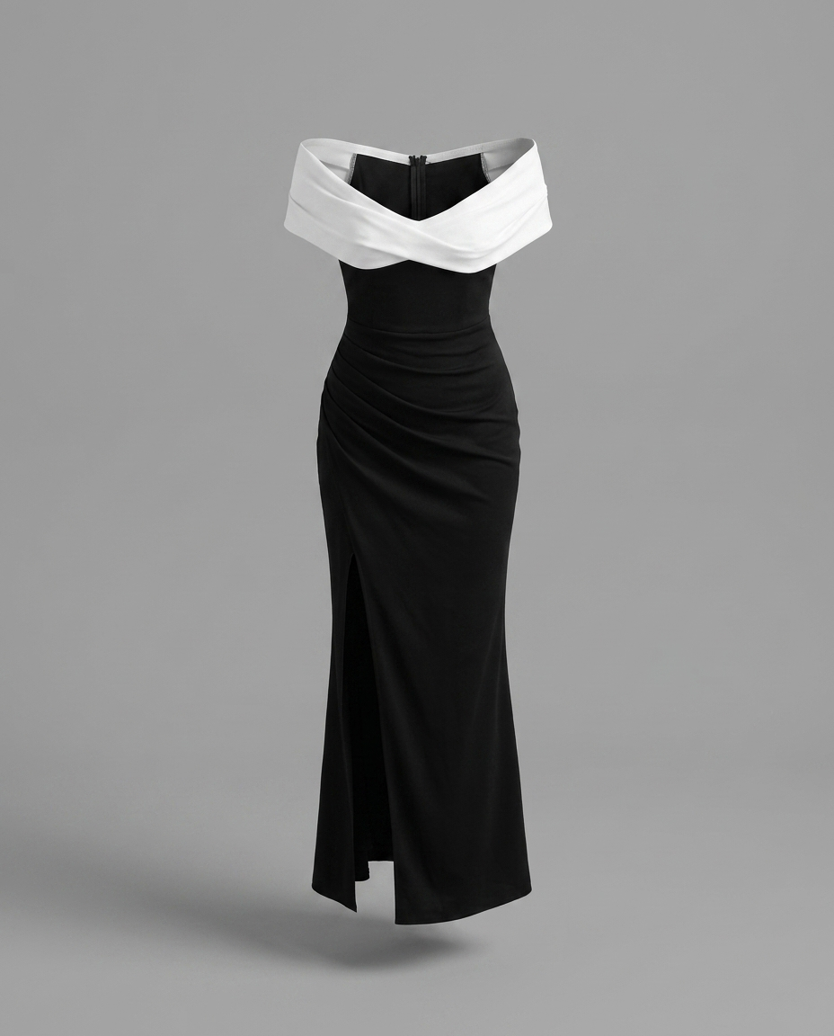 Black & White Off The Shoulder Split Maxi Dress