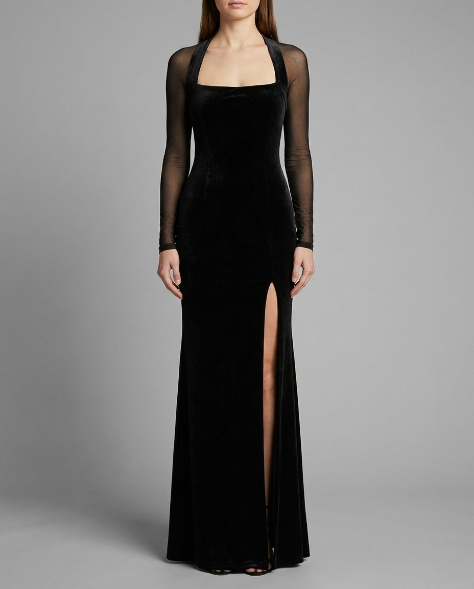Black Velvet Long Sleeve Maxi Dress