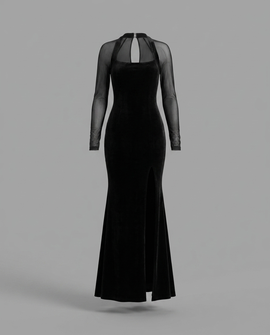 Black Velvet Long Sleeve Maxi Dress