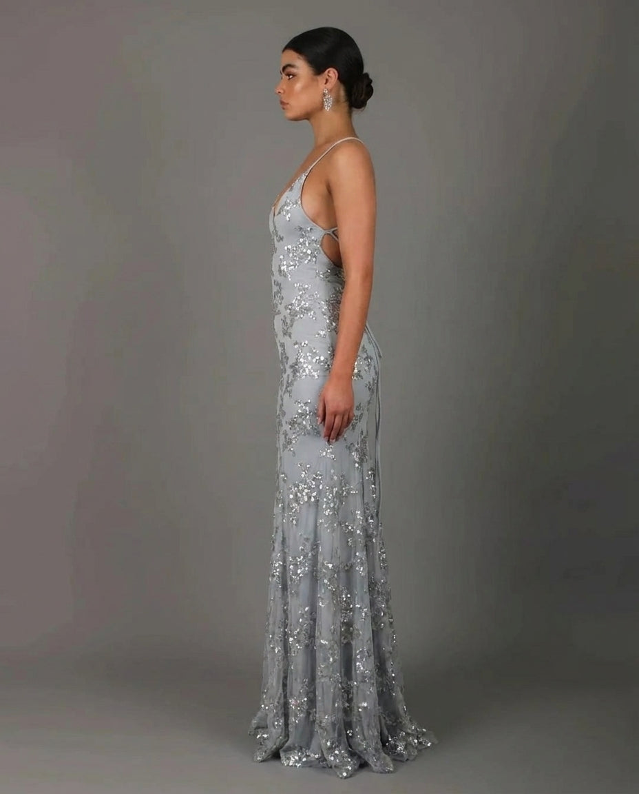 Sequin Lace Up Back Maxi Dress