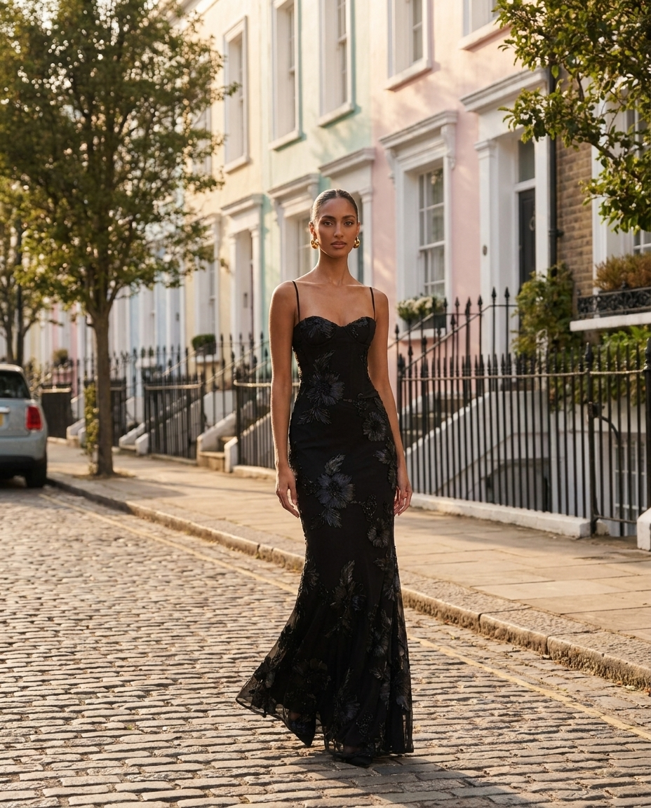 Floral Embroidered Corset Maxi Dress