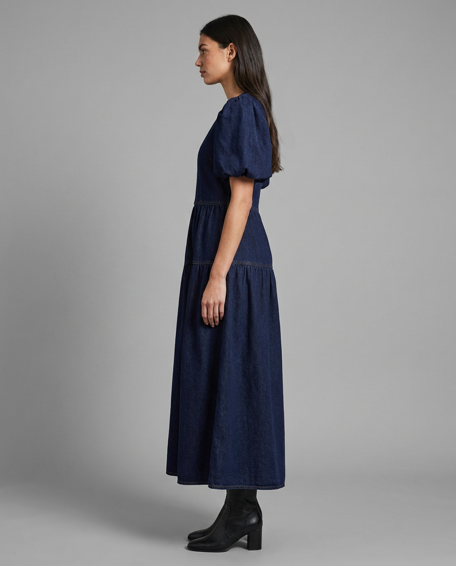 Indigo Denim Puff Sleeve Maxi Dress
