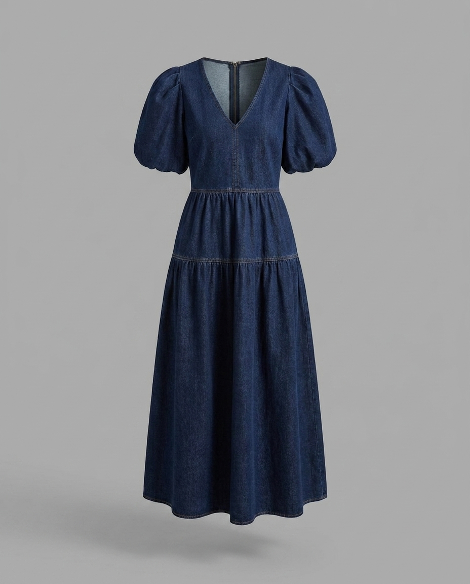 Indigo Denim Puff Sleeve Maxi Dress