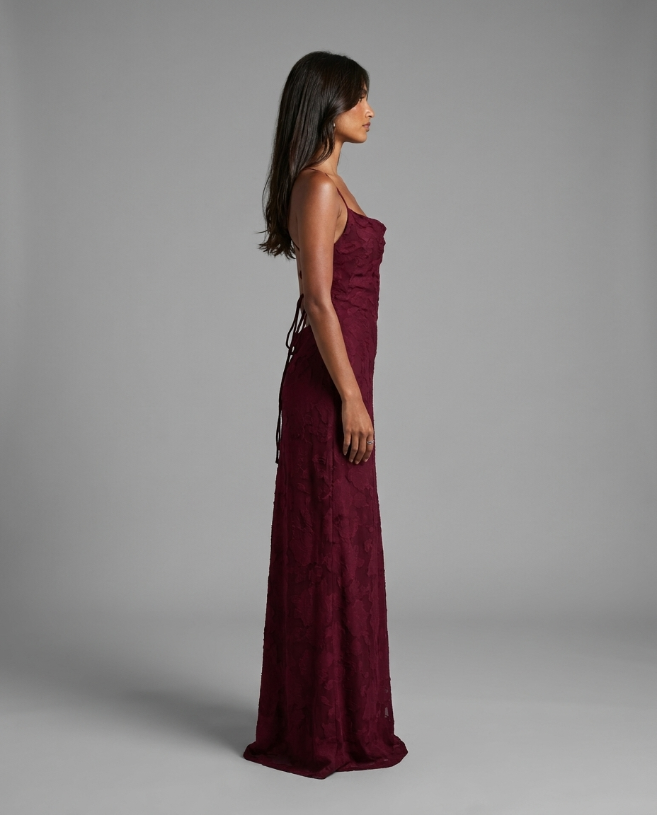 Burgundy Cowl Neck Lace Up Maxi Dress