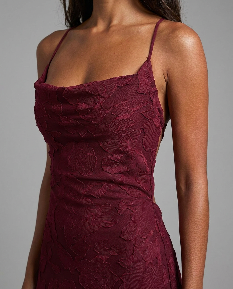 Burgundy Cowl Neck Lace Up Maxi Dress