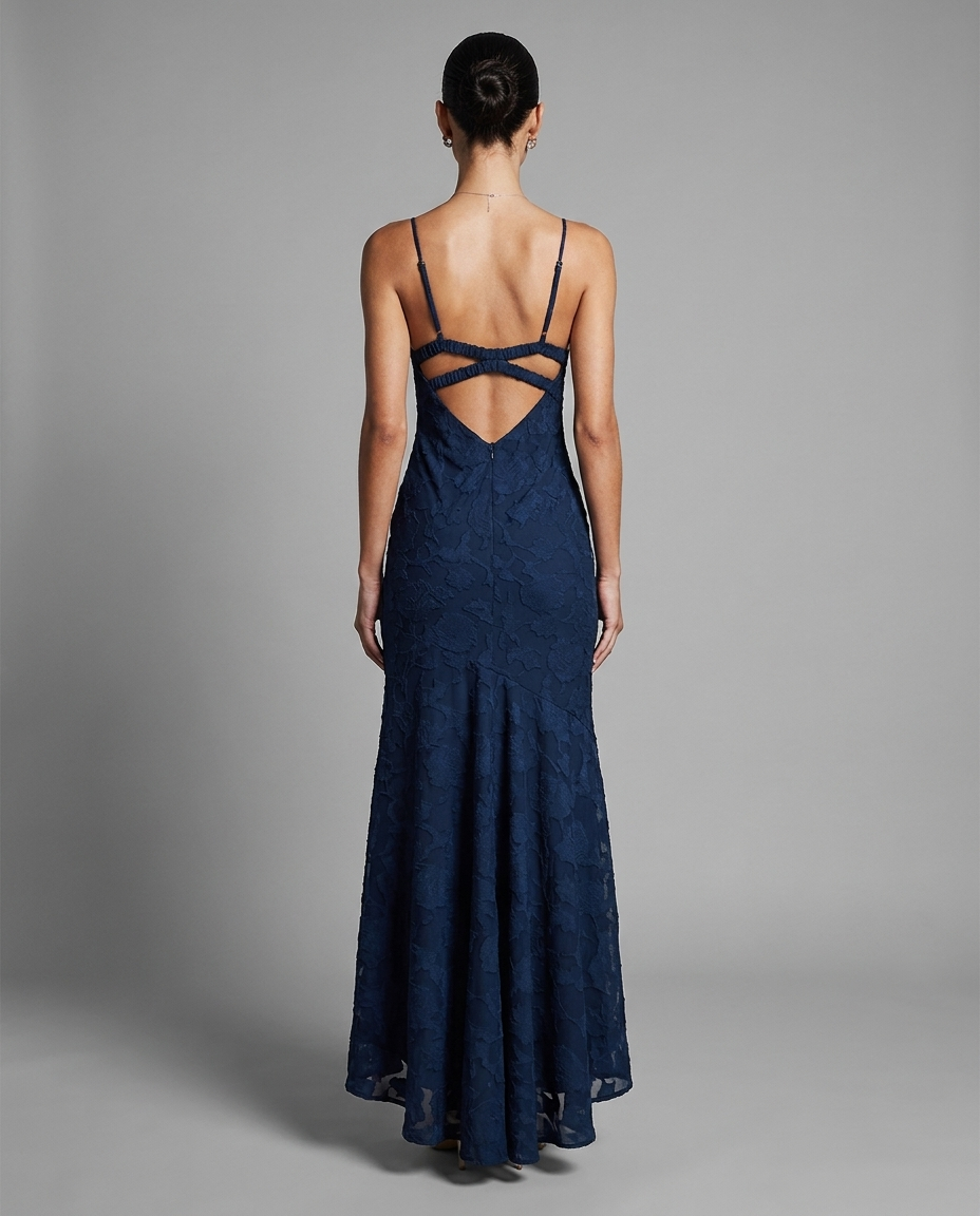 Navy Textured Floral High Low Midi Dress