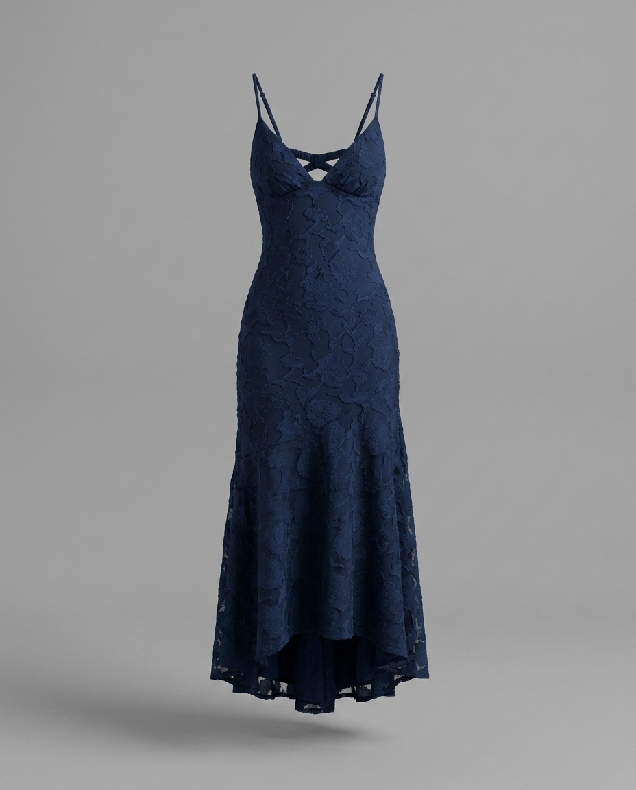 Navy Textured Floral High Low Midi Dress