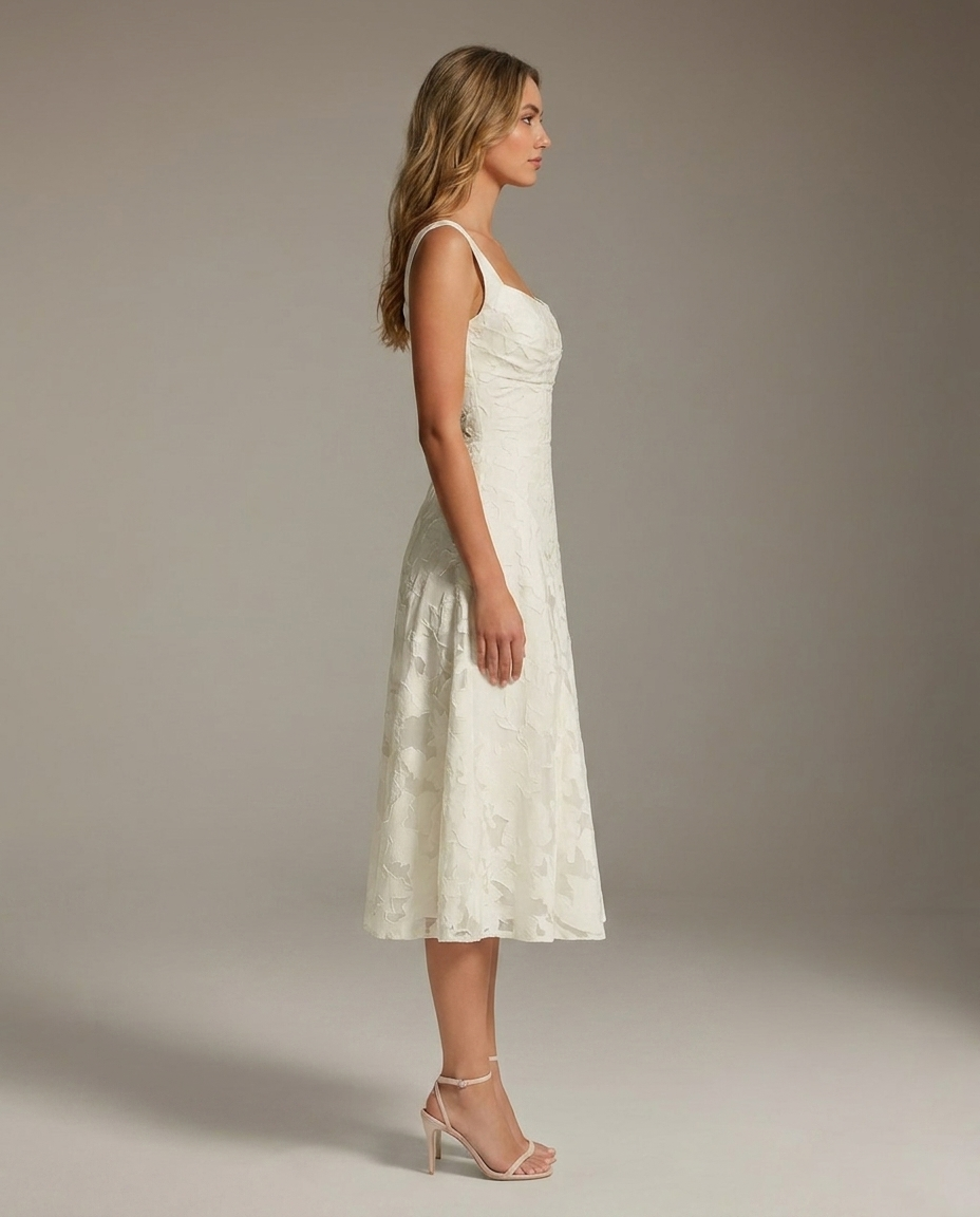 Free Shipping A-Line Square Neck Sleeveless Floral Lace Tea-Length Formal Dress UK
