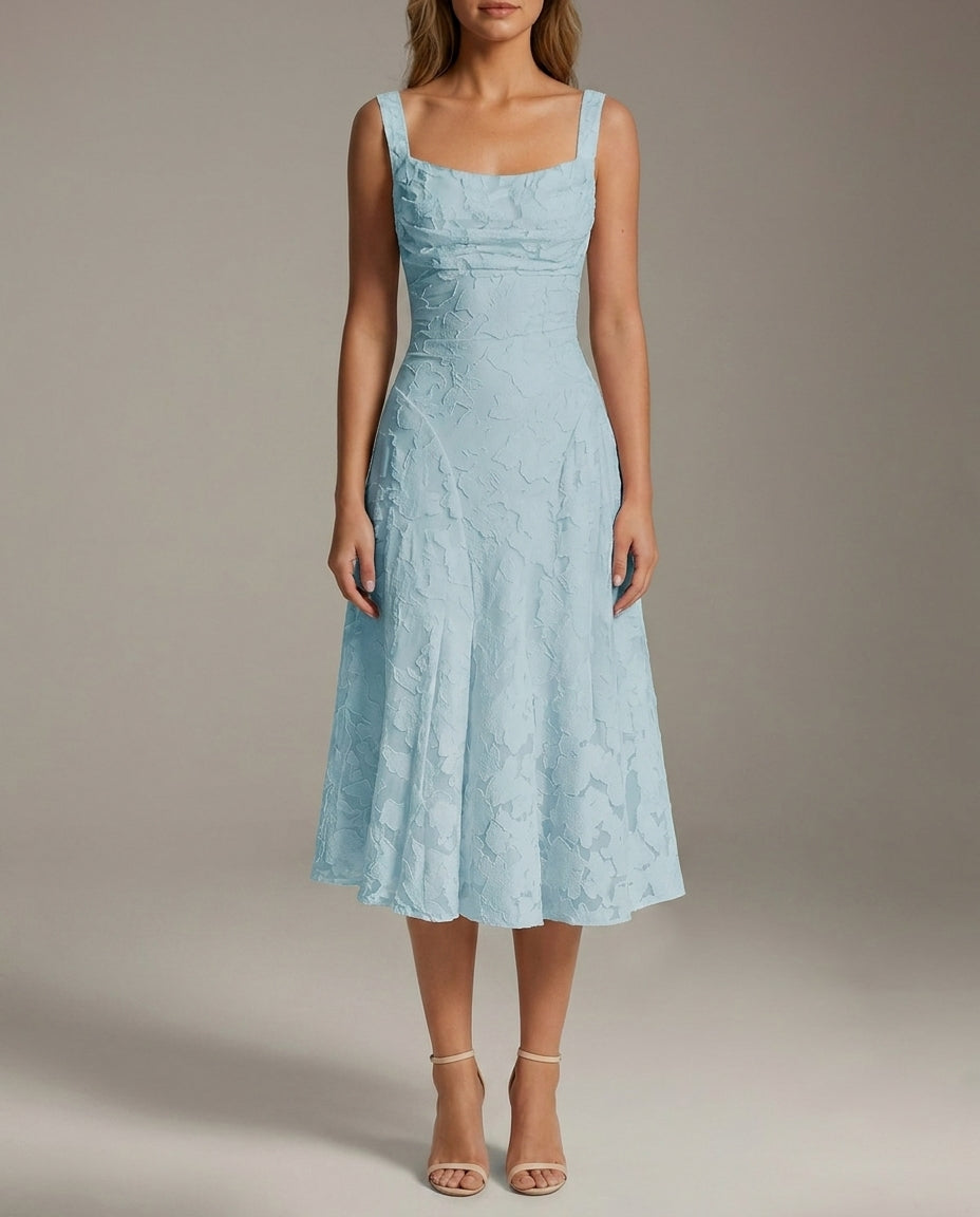 Square Neck Textured Floral Midi Dress