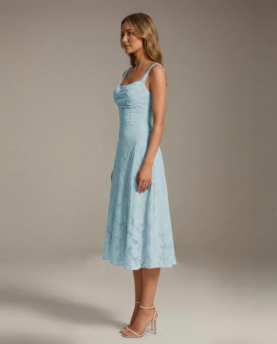 Square Neck Textured Floral Midi Dress