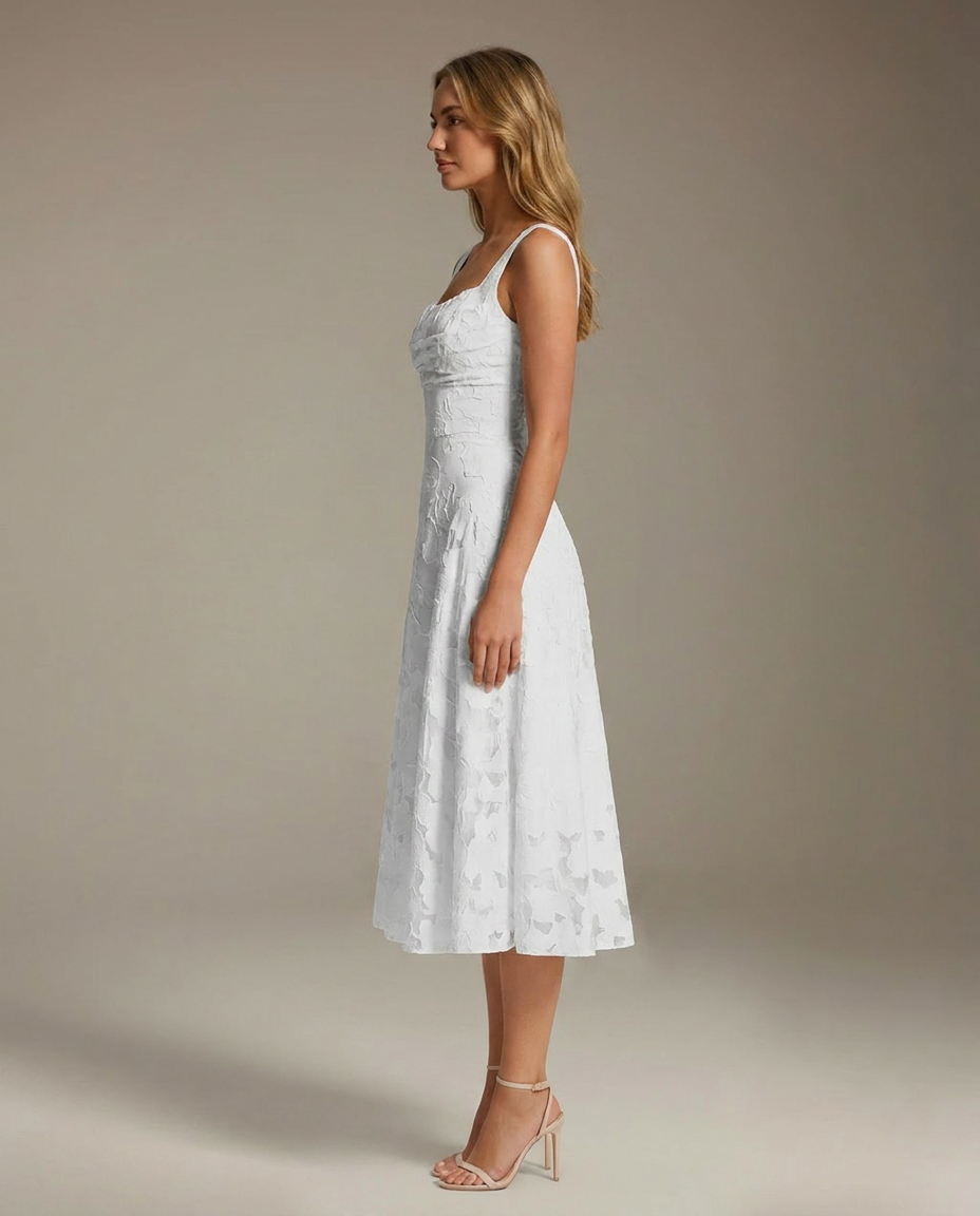 Square Neck Textured Floral Midi Dress