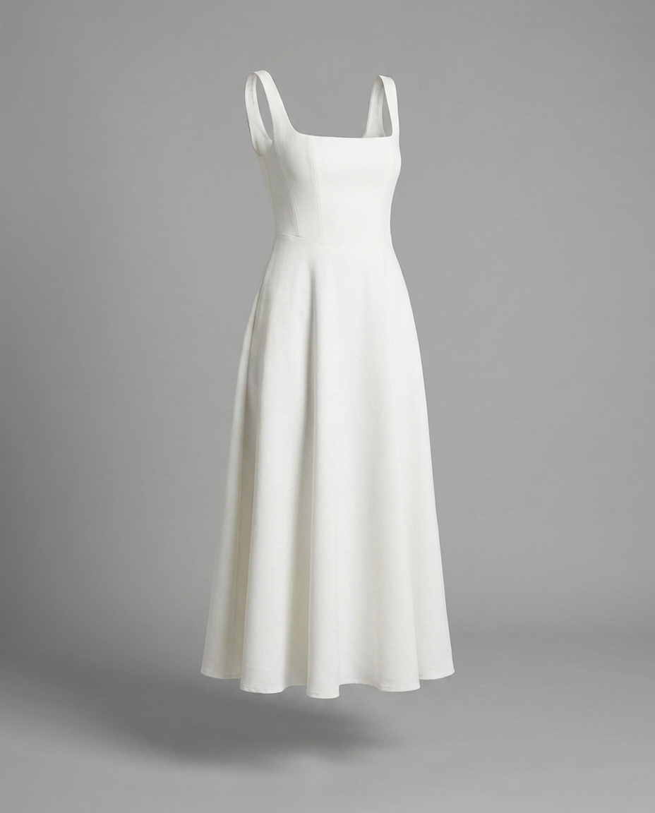White Square Neck Midi Dress – Fit & Flare