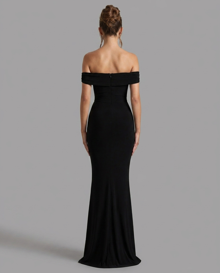Women's Off Shoulder Maxi Dress – Black Split Gown