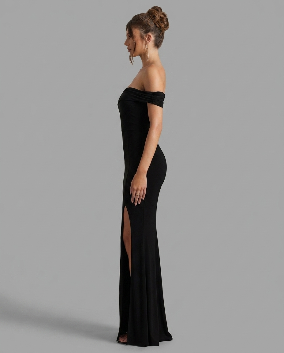 Law of Attraction | Black Bardot Draped Split Maxi Dress
