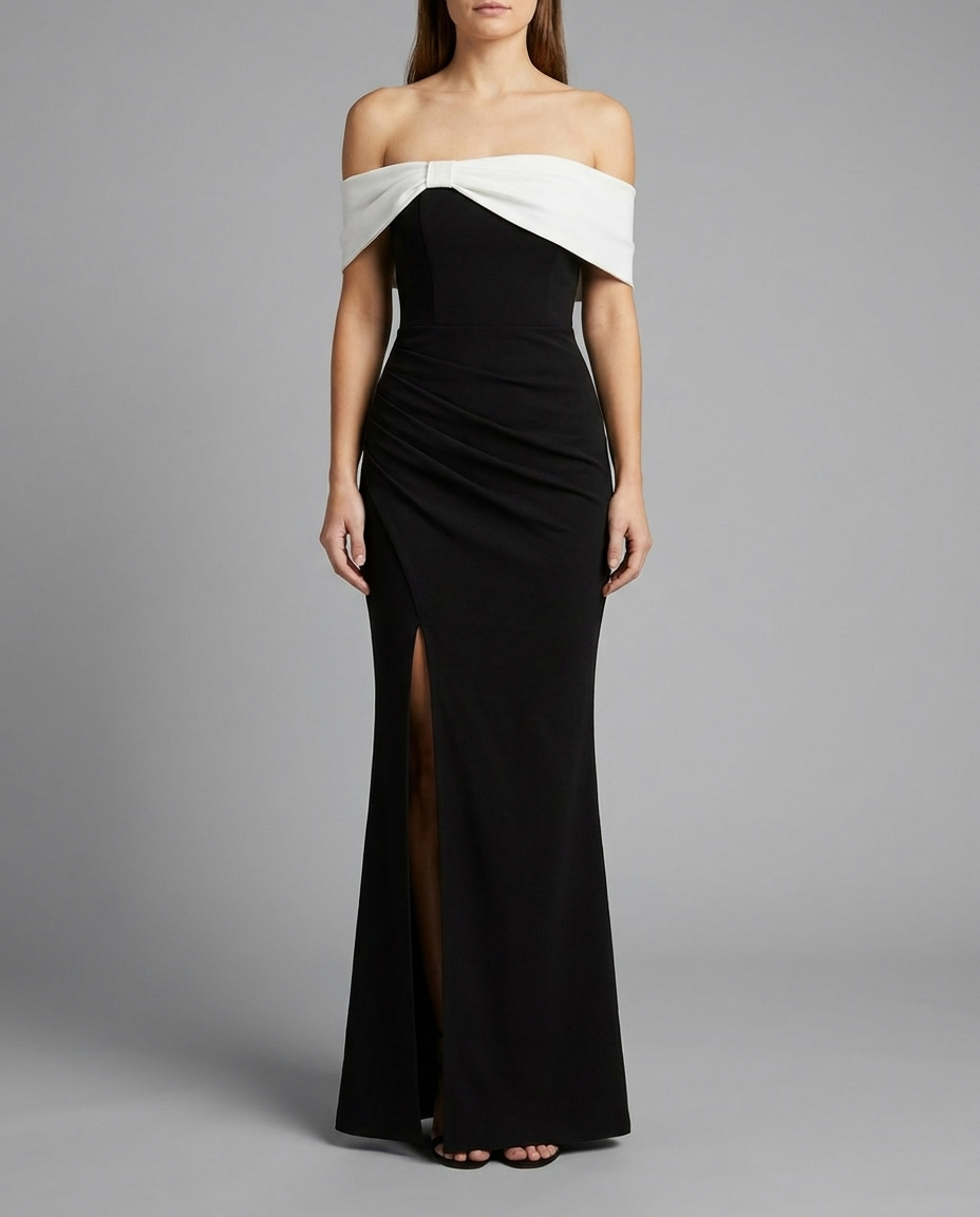Black & White Off The Shoulder Split Maxi Dress