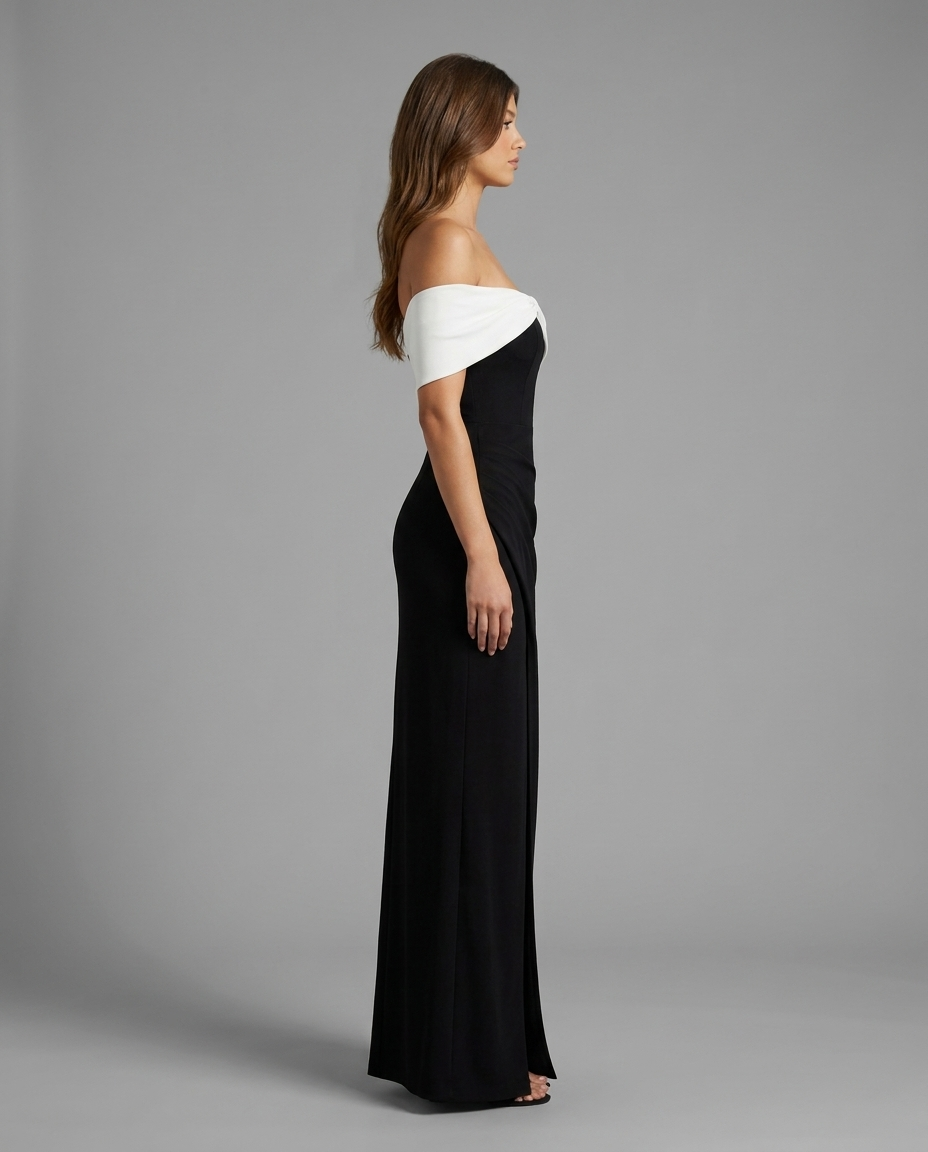 Black & White Off The Shoulder Split Maxi Dress