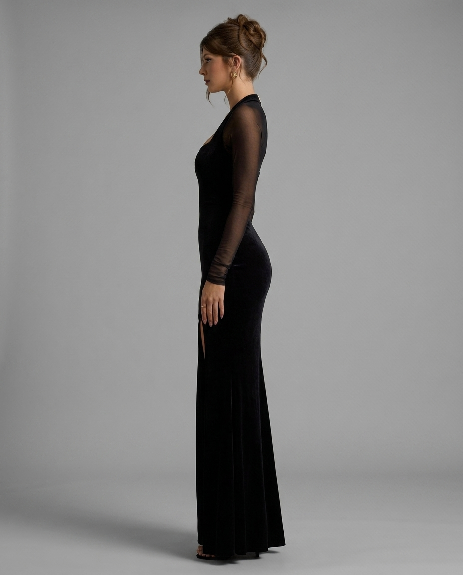 Black Velvet Long Sleeve Maxi Dress