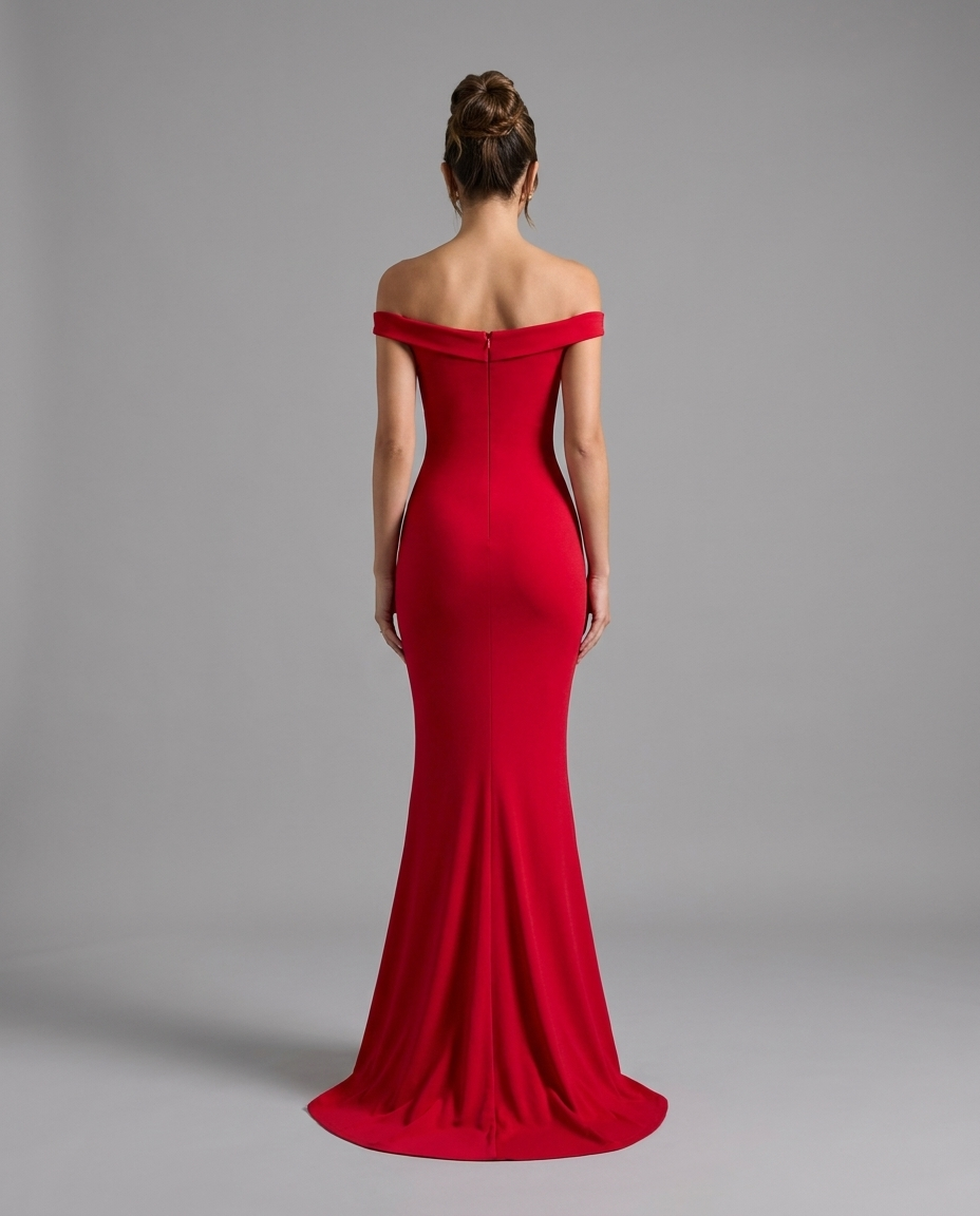Red Off The Shoulder Fishtail Maxi Dress