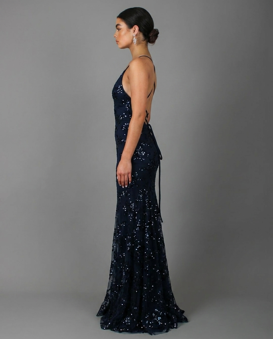 Nora – bodenlanges Abendkleid mit Paillettenstickerei, tiefem Rückenausschnitt und Spaghettiträgern
