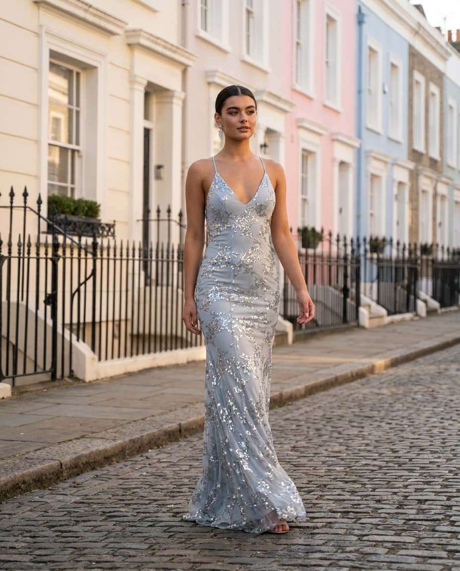 Sequin Lace Up Back Maxi Dress