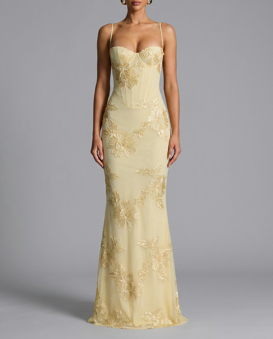 Floral Embroidered Corset Maxi Dress