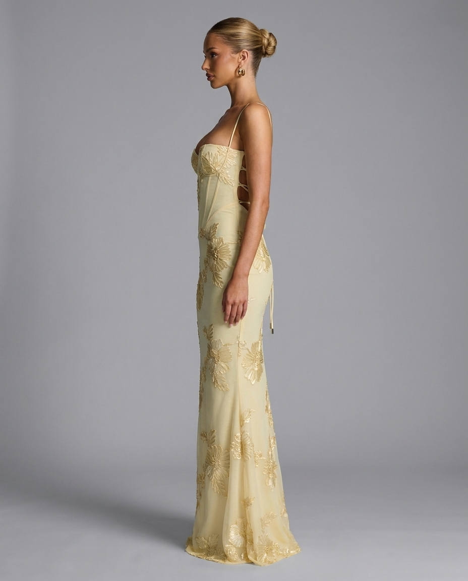 Floral Embroidered Corset Maxi Dress