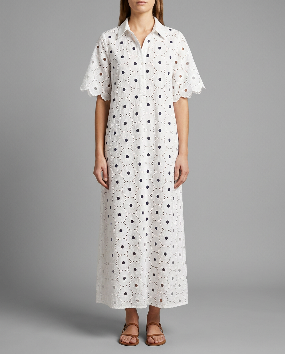Ivory Broderie Scallop Sleeve Shirt Dress