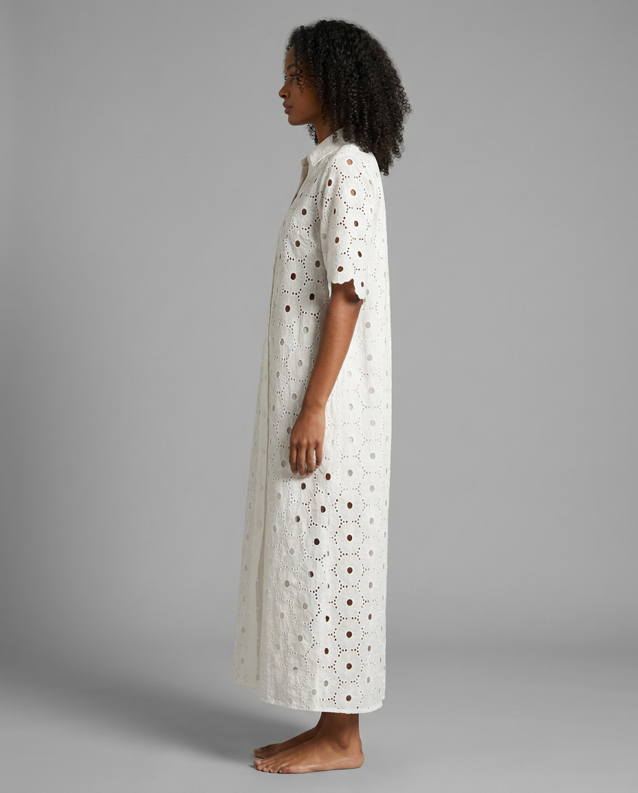 Ivory Broderie Scallop Sleeve Shirt Dress