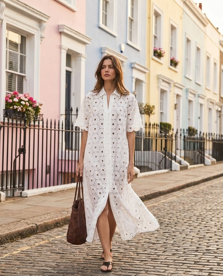 White Broderie Anglaise Shirt Maxi Dress
