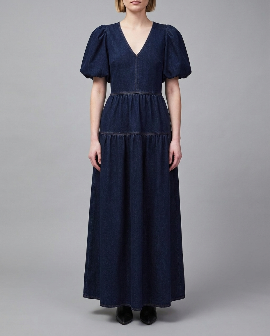 Indigo Denim Puff Sleeve Maxi Dress