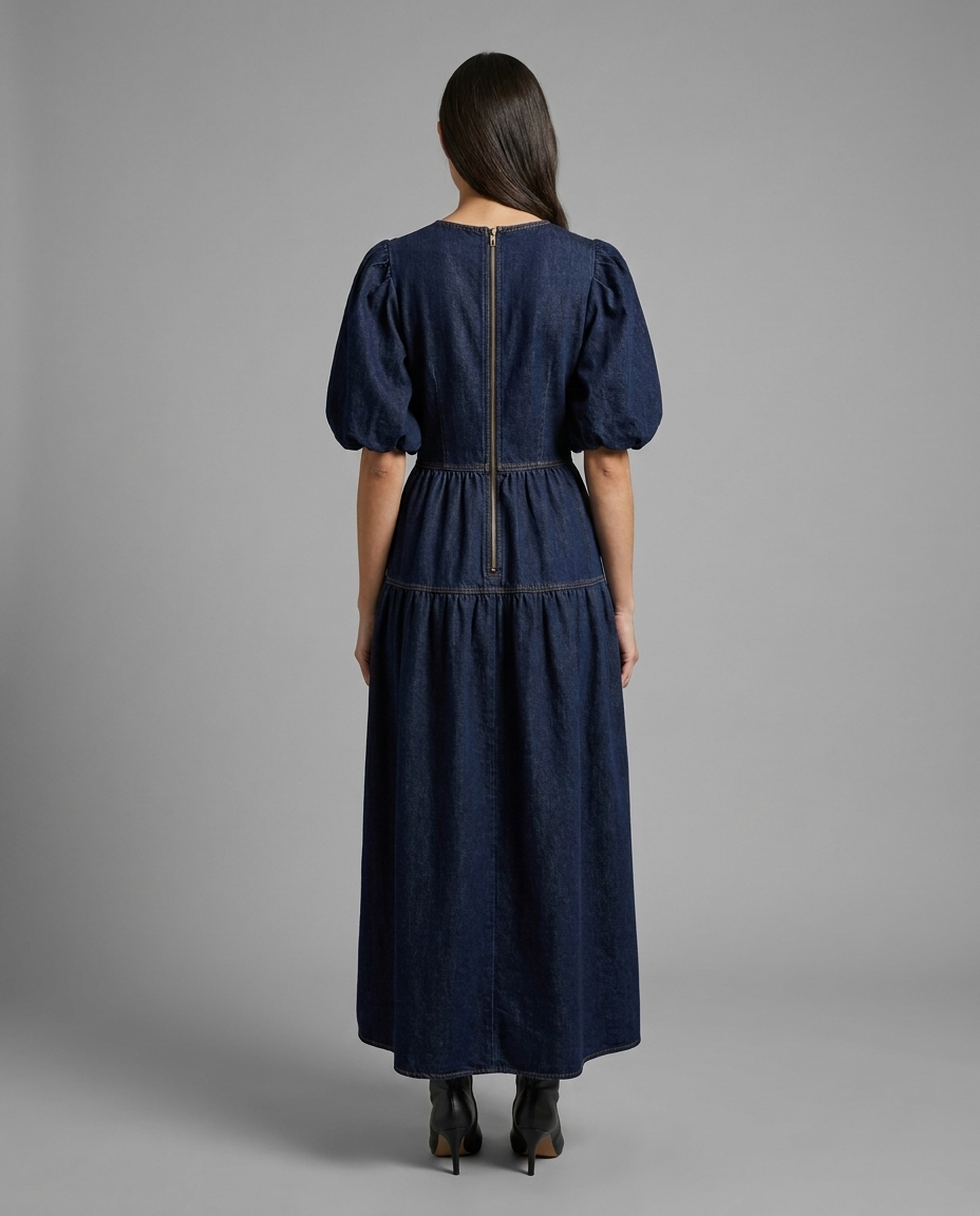 Indigo Denim Puff Sleeve Maxi Dress