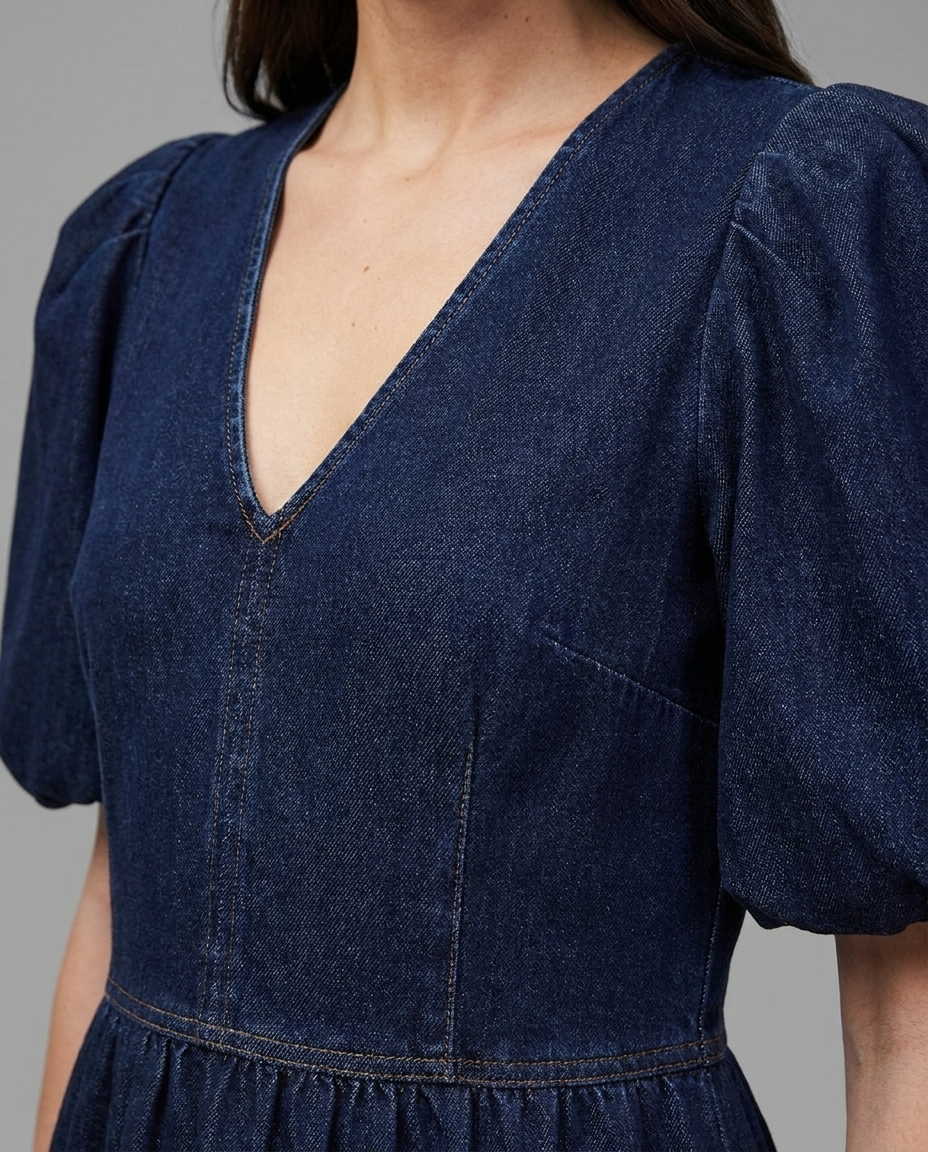 Indigo Denim Puff Sleeve Maxi Dress