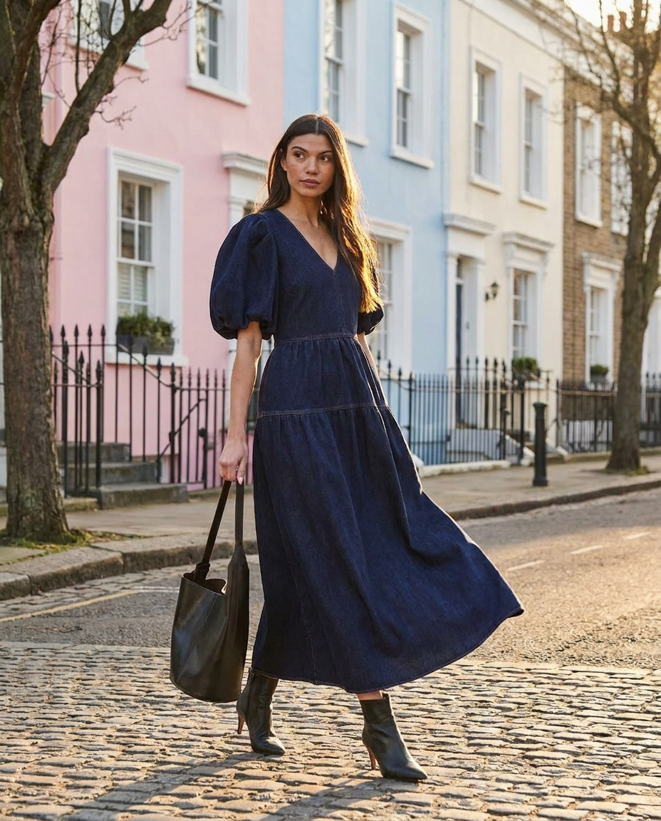 Indigo Denim Puff Sleeve Maxi Dress