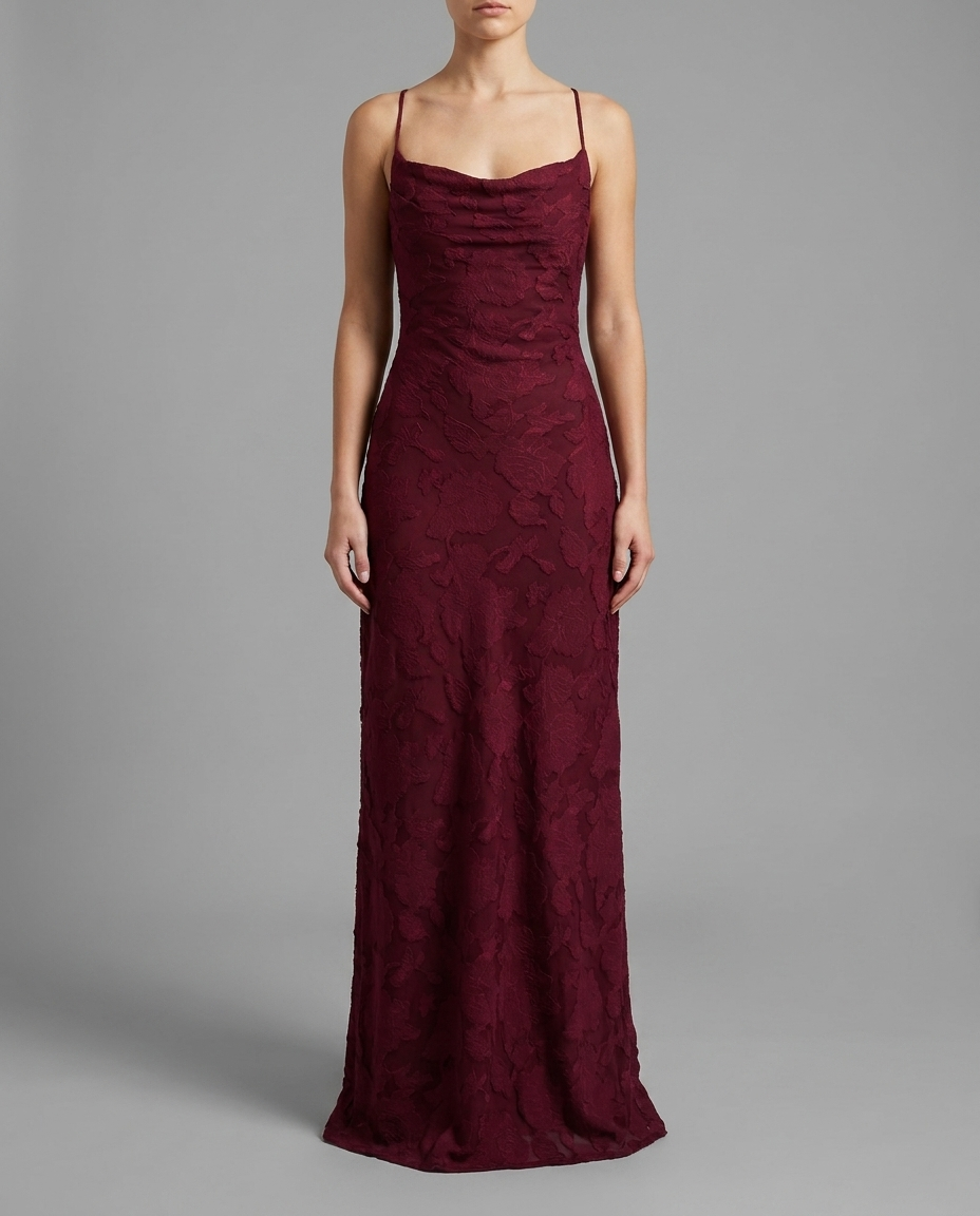 Burgundy Cowl Neck Lace Up Maxi Dress