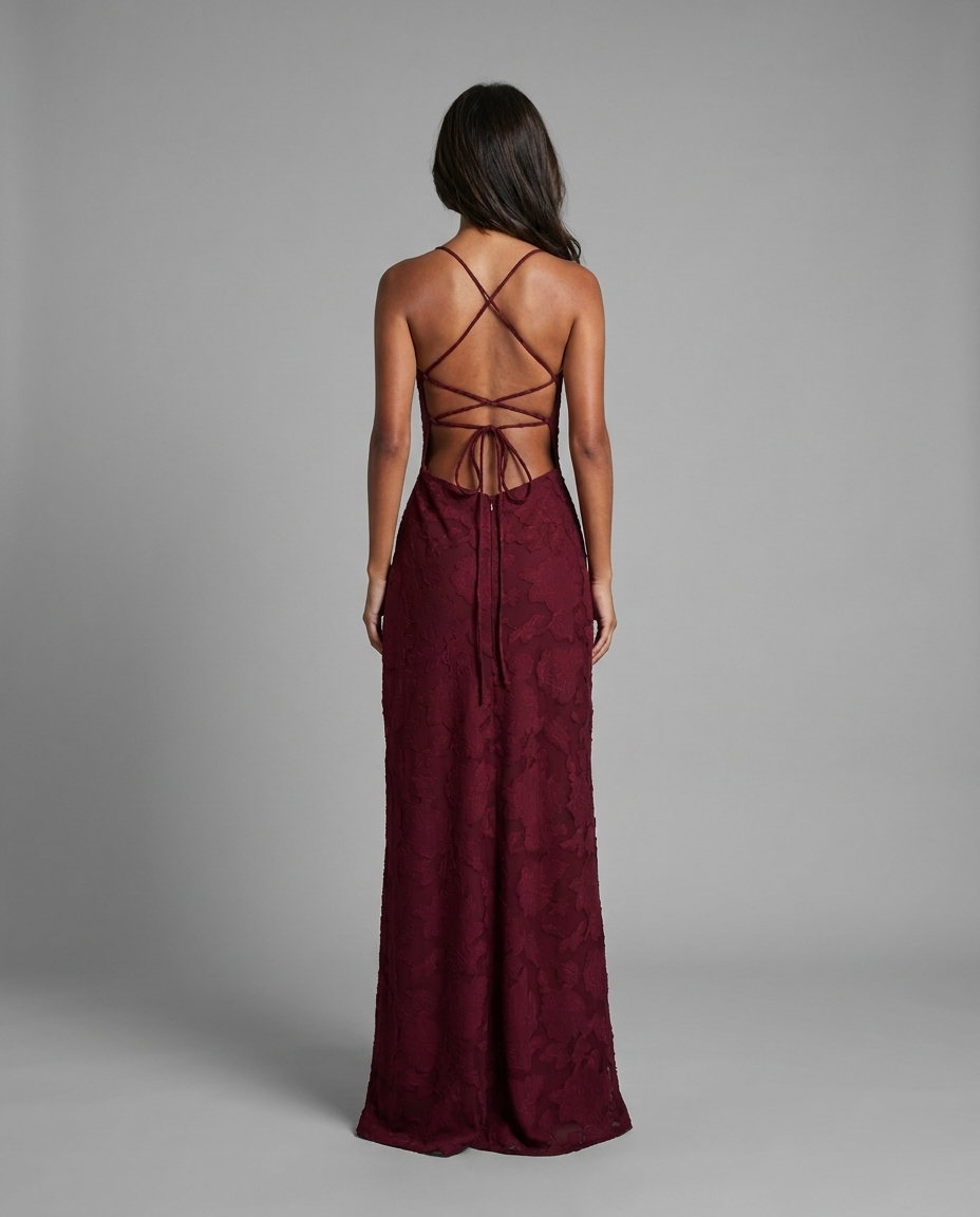 Burgundy Cowl Neck Lace Up Maxi Dress