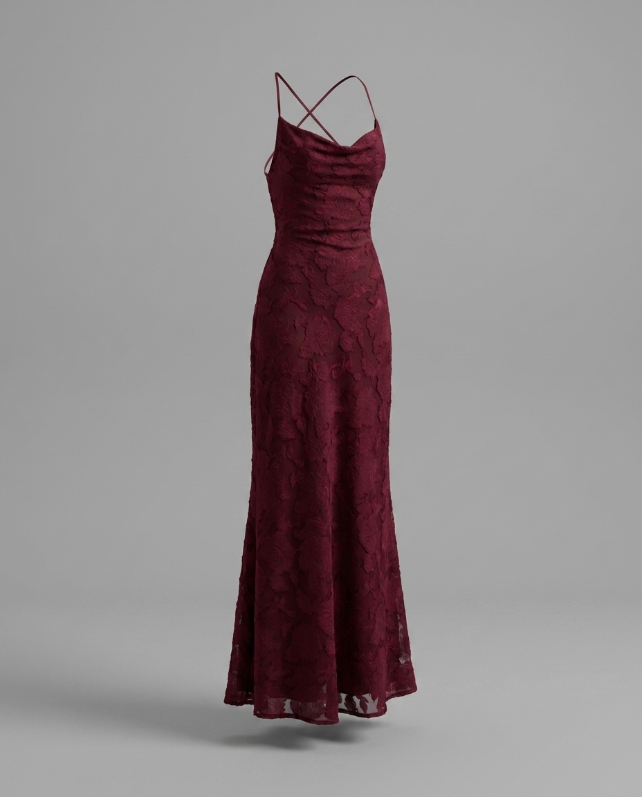 Burgundy Cowl Neck Lace Up Maxi Dress