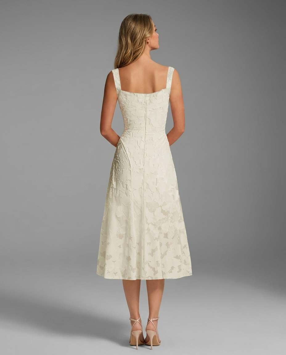 Square Neck Textured Floral Midi Dress