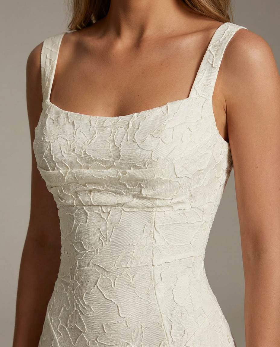 Square Neck Textured Floral Midi Dress