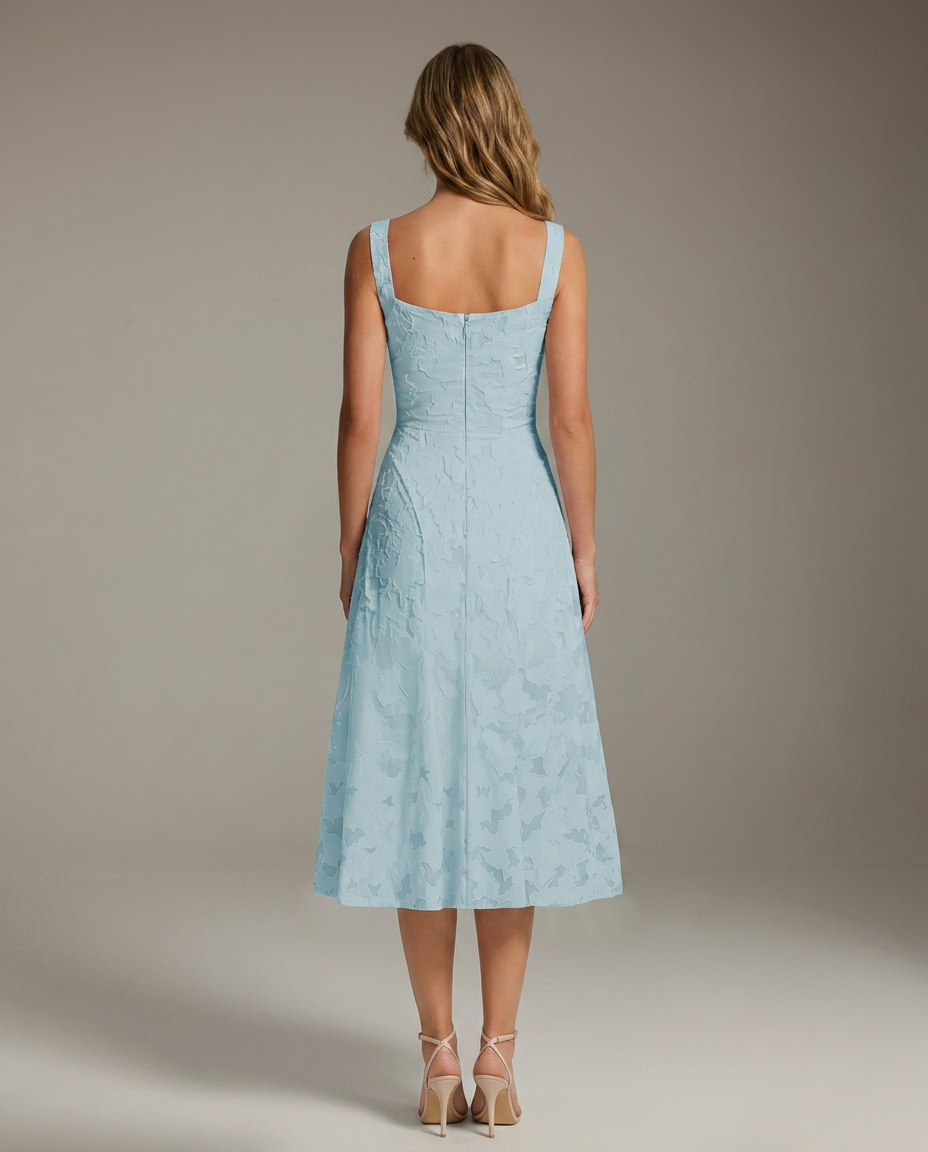 Square Neck Textured Floral Midi Dress
