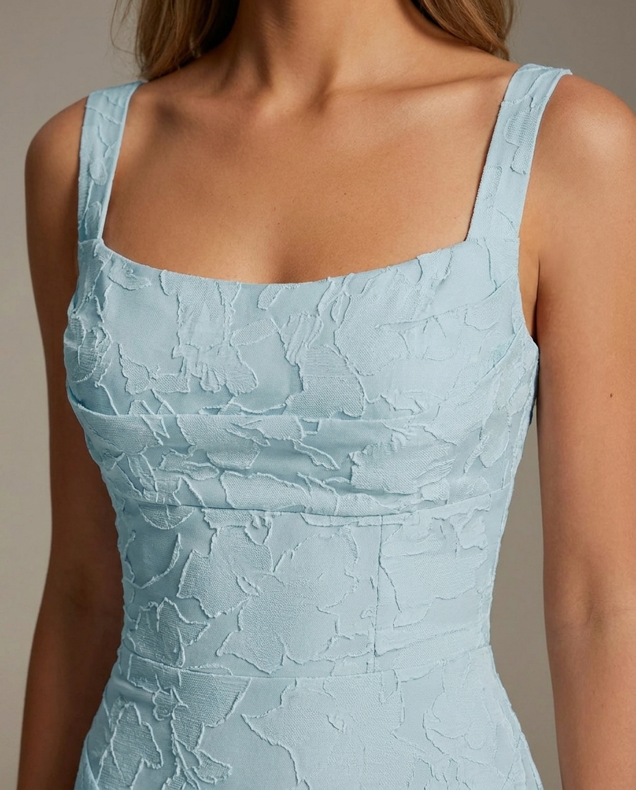 Square Neck Textured Floral Midi Dress