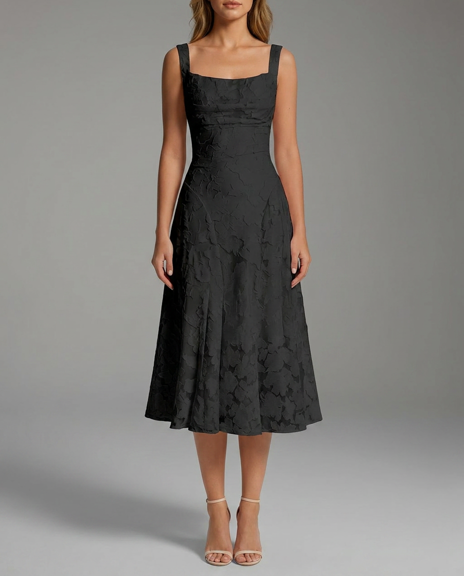 Square Neck Textured Floral Midi Dress