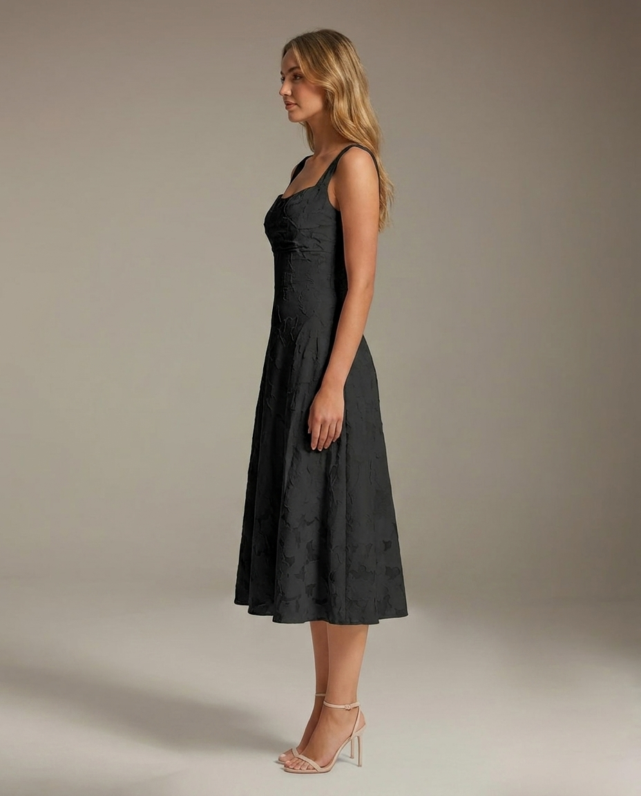 Square Neck Textured Floral Midi Dress