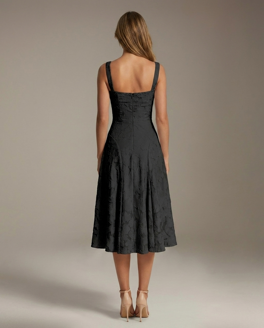 Square Neck Textured Floral Midi Dress
