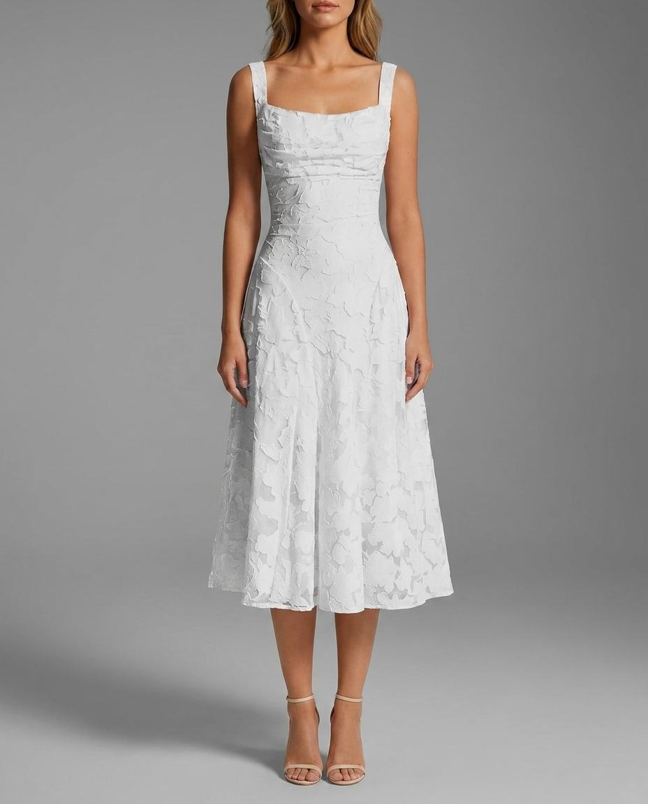 Square Neck Textured Floral Midi Dress