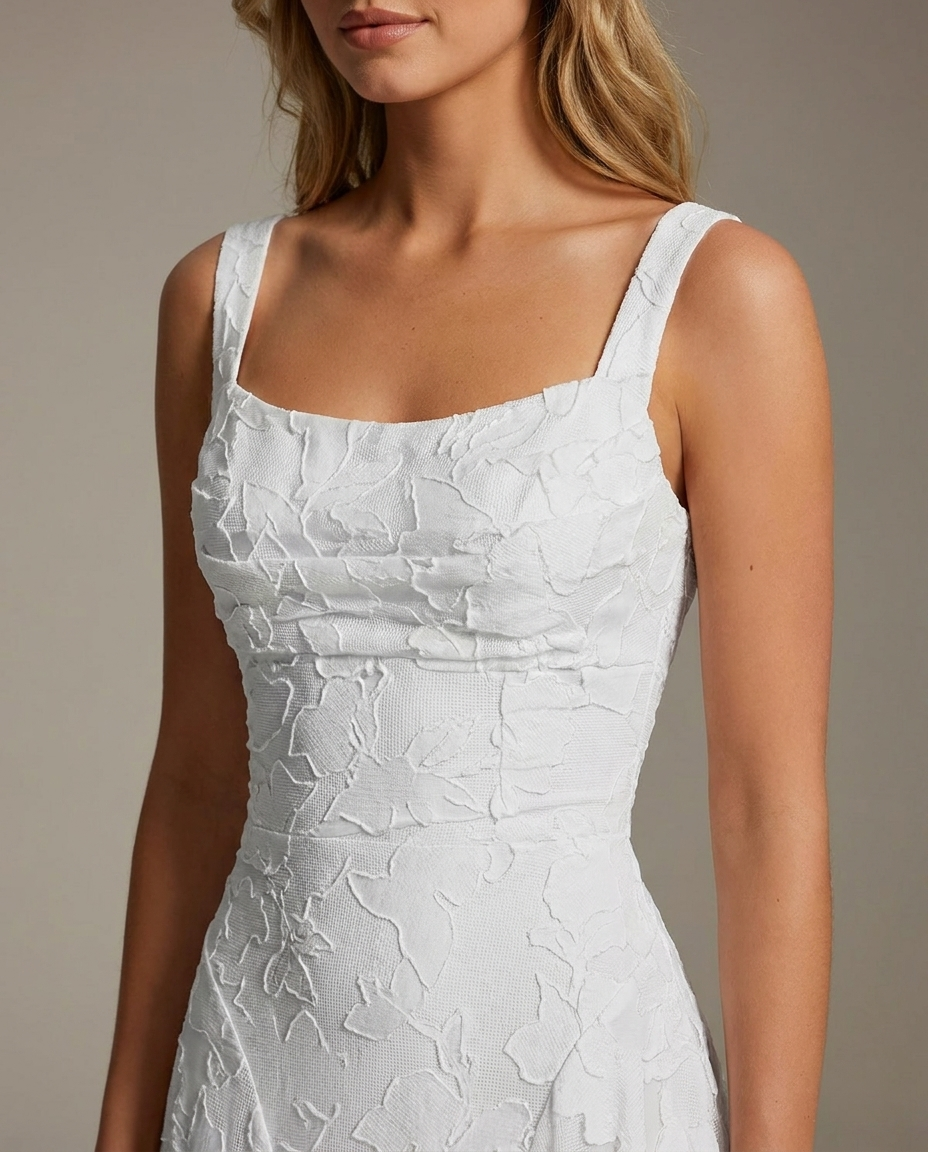 Square Neck Textured Floral Midi Dress