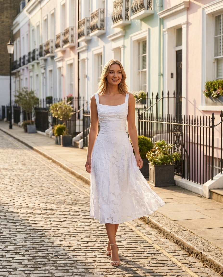 Square Neck Textured Floral Midi Dress